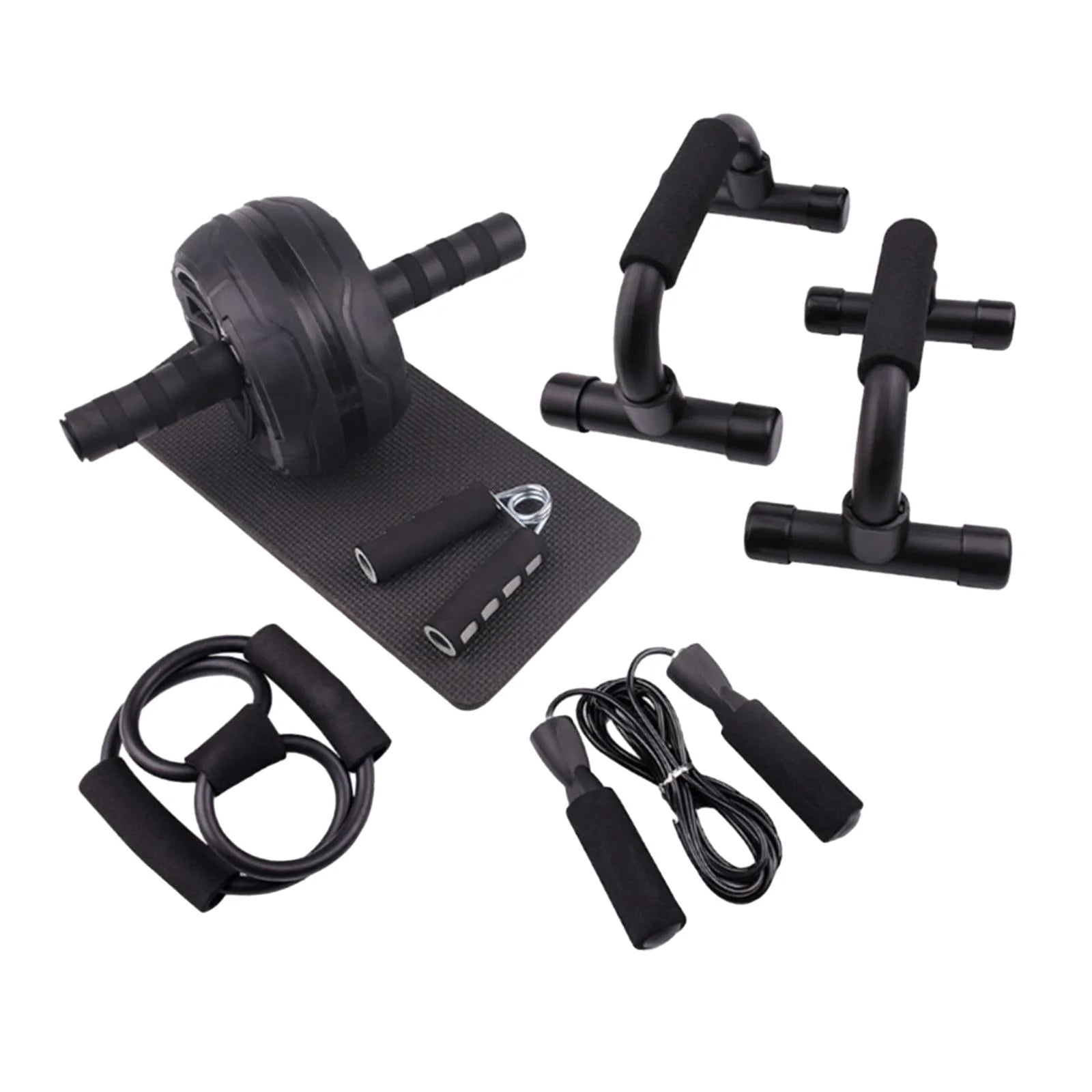 Abs Roller Wheel Indoor Fitness Equipment Set Home Gym Workout Chest Expander Black