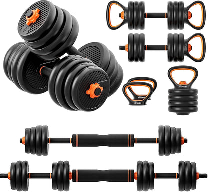 Adjustable Dumbbell Set, 77 Lbs Free Weights Dumbbells, Barbell, Kettlebell and Push-Up, Home Gym Fitness Workout Equipment, Black